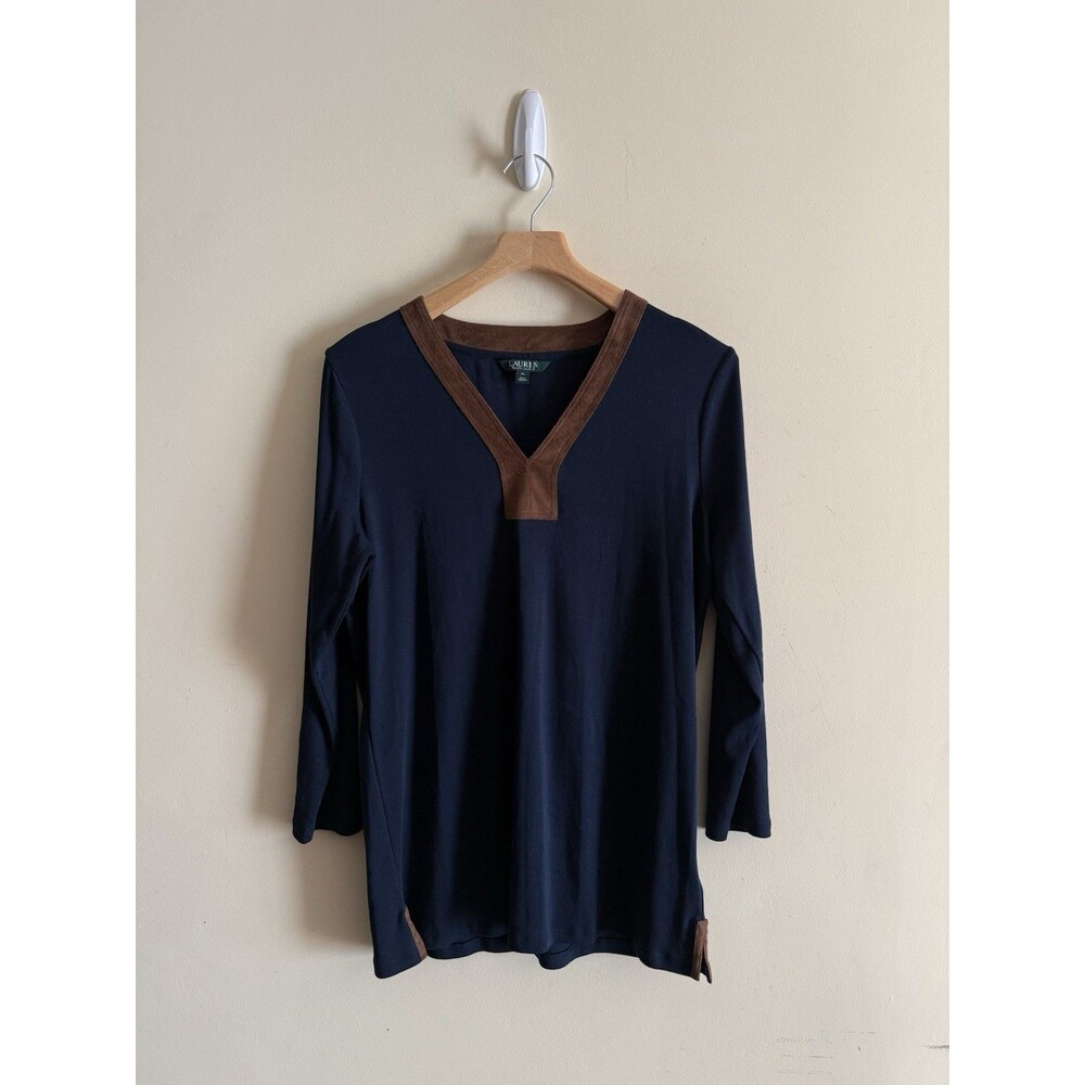 Lauren Ralph Lauren navy and brown seude trim size XL women’s 3/4 sleeve